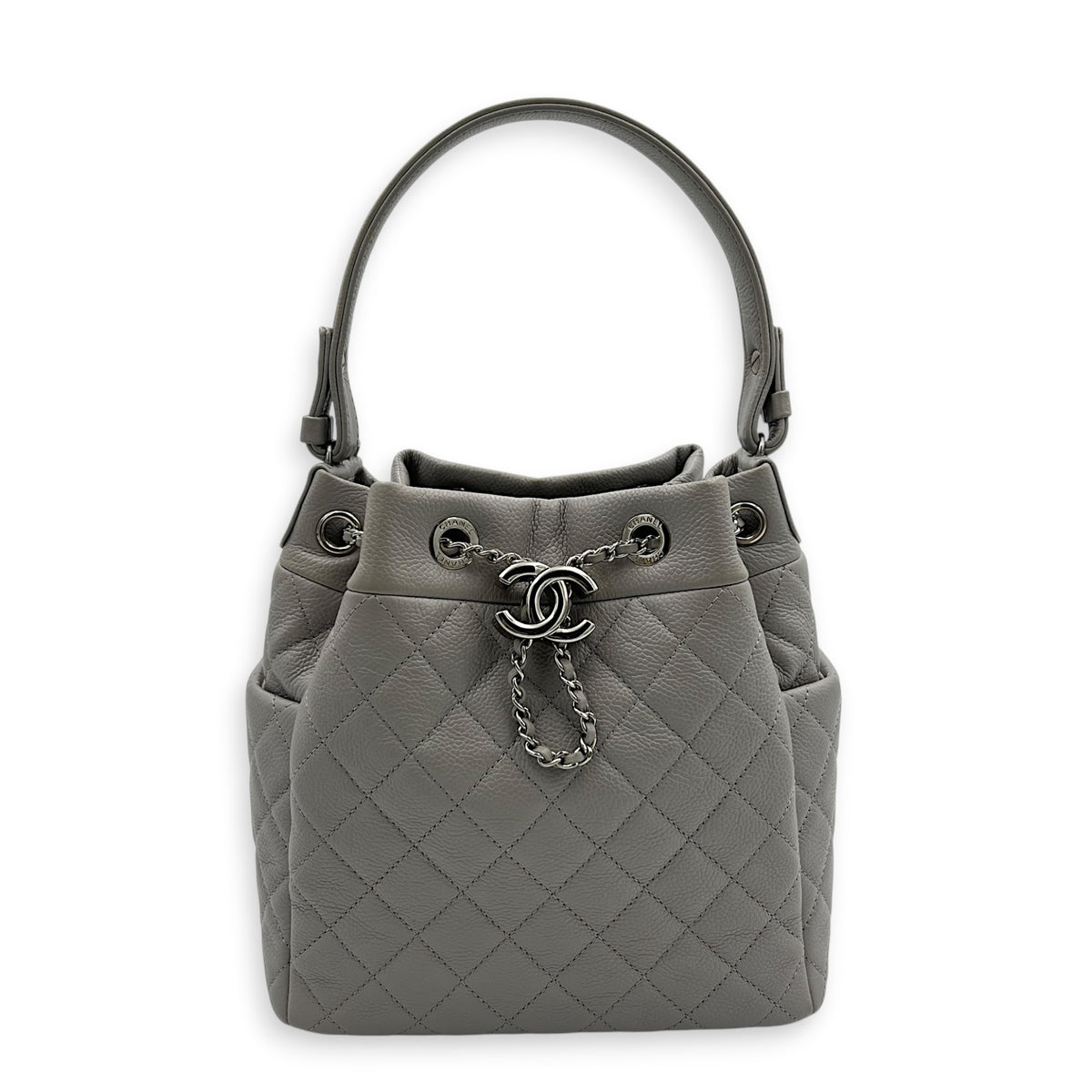 Quilted Chain Grey Bucket Bag in Caviar Leather, Silver hardware