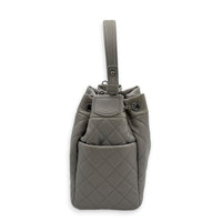 Quilted Chain Grey Bucket Bag in Caviar Leather, Silver hardware