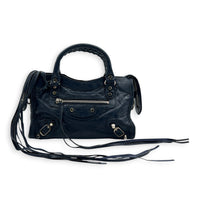 City Top Handle Bag Mini Blue in Distressed Leather, Silver hardware