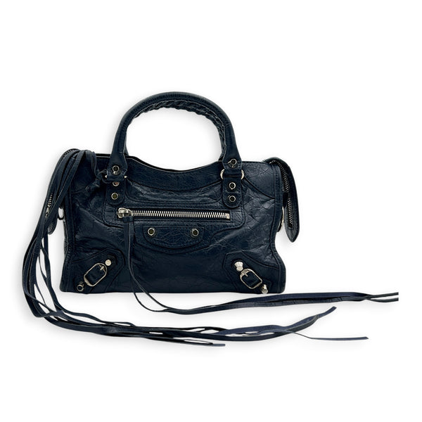 City Top Handle Bag Mini Blue in Distressed Leather, Silver hardware