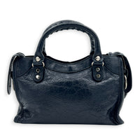 City Top Handle Bag Mini Blue in Distressed Leather, Silver hardware