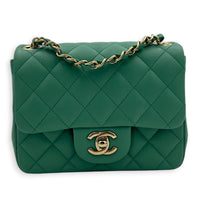 Square Mini Green Shoulder Bag in Lambskin, Light Gold hardware