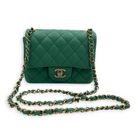 Square Mini Green Shoulder Bag in Lambskin, Light Gold hardware