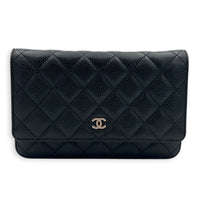 CC Wallet On Chain Black in Caviar Leather, Silver hardware