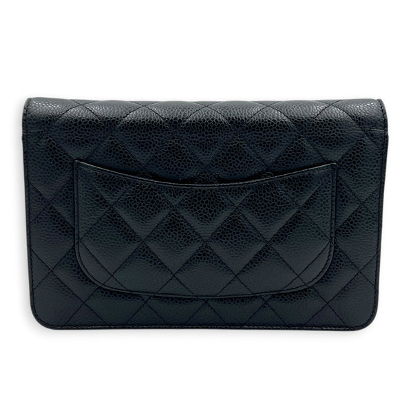 CC Wallet On Chain Black in Caviar Leather, Silver hardware
