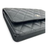 CC Wallet On Chain Black in Caviar Leather, Silver hardware