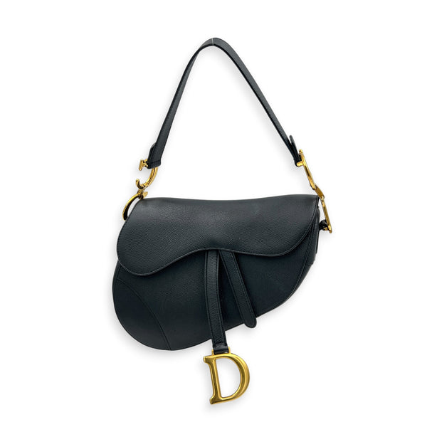 Saddle Medium Black Shoulder Bag in Calfskin, Gold hardware