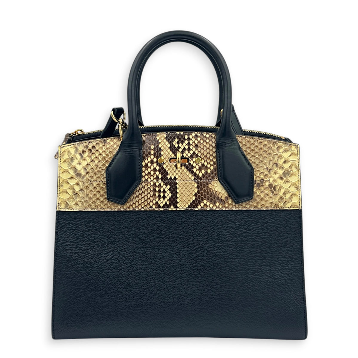 Steamer Top Handle Bag PM Black in Python Leather, Gold hardware