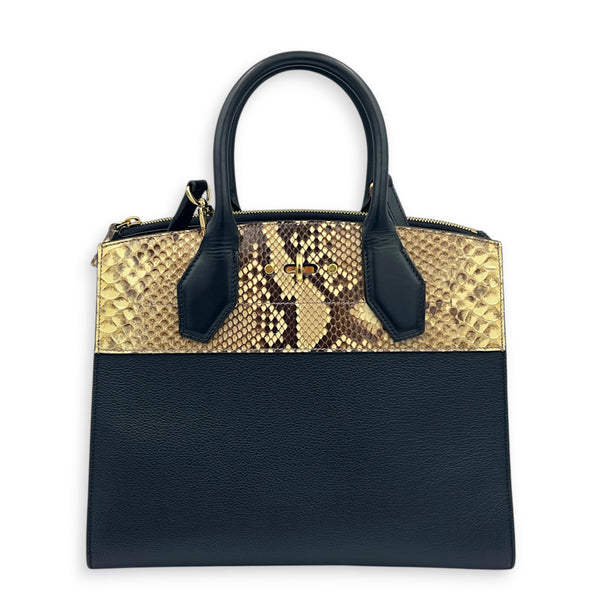 Steamer Top Handle Bag PM Black in Python Leather, Gold hardware