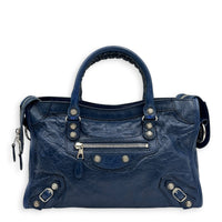City Top Handle Bag Mini Blue in Distressed Leather, Gold hardware
