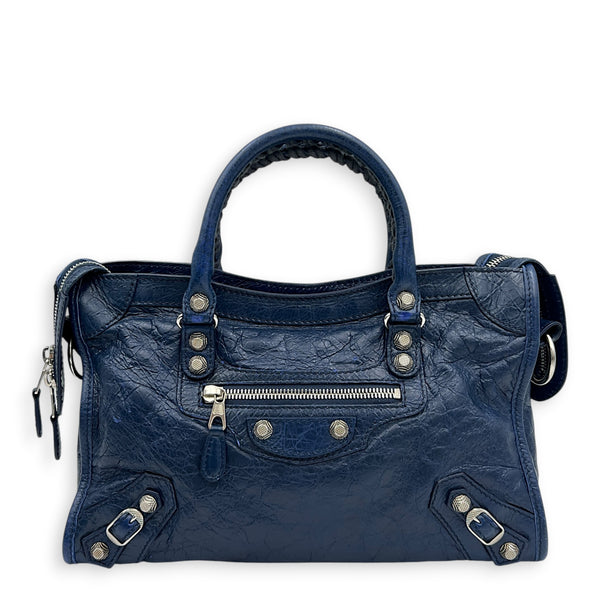City Top Handle Bag Mini Blue in Distressed Leather, Gold hardware