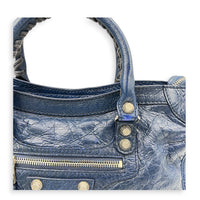 City Top Handle Bag Mini Blue in Distressed Leather, Gold hardware