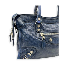 City Top Handle Bag Mini Blue in Distressed Leather, Gold hardware