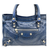 City Top Handle Bag Mini Blue in Distressed Leather, Gold hardware
