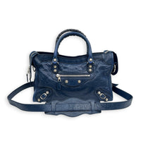 City Top Handle Bag Mini Blue in Distressed Leather, Gold hardware