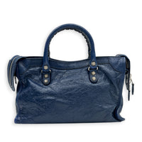 City Top Handle Bag Mini Blue in Distressed Leather, Gold hardware