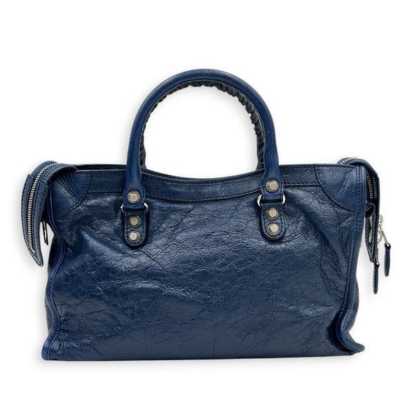 City Top Handle Bag Mini Blue in Distressed Leather, Gold hardware