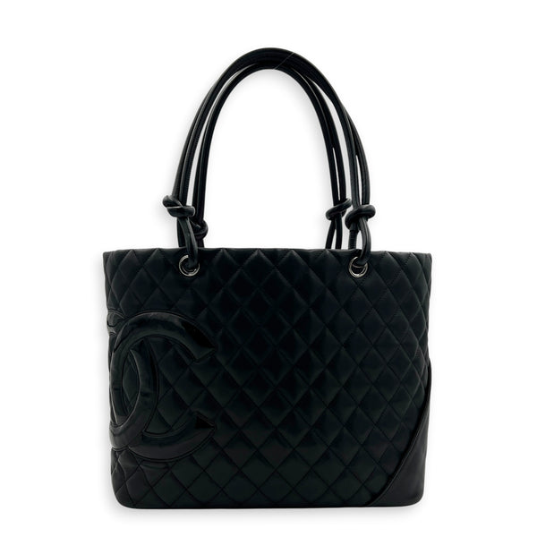 Cambon Large Black Tote Bag in Lambskin, Silver hardware