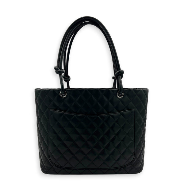 Cambon Large Black Tote Bag in Lambskin, Silver hardware