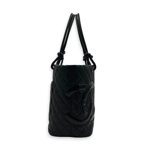 Cambon Large Black Tote Bag in Lambskin, Silver hardware
