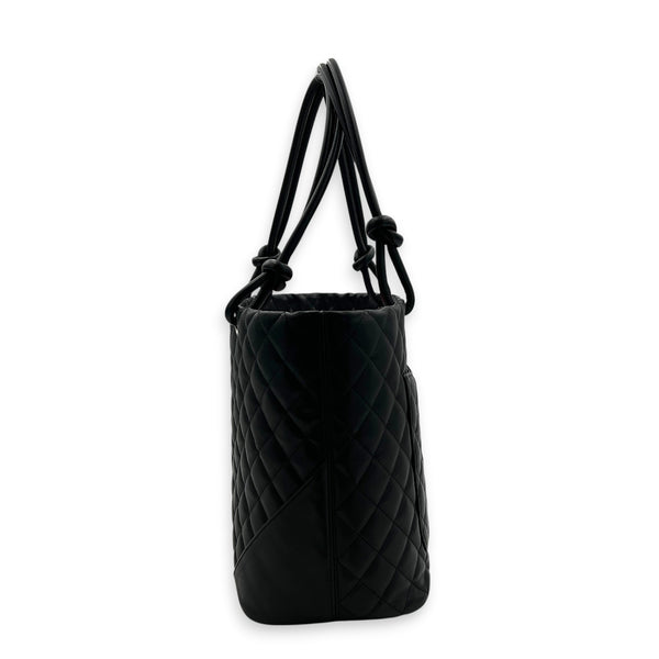 Cambon Large Black Tote Bag in Lambskin, Silver hardware