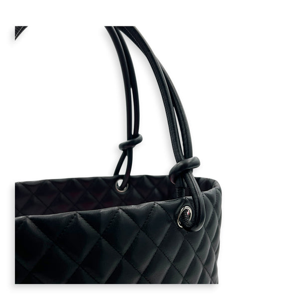 Cambon Large Black Tote Bag in Lambskin, Silver hardware