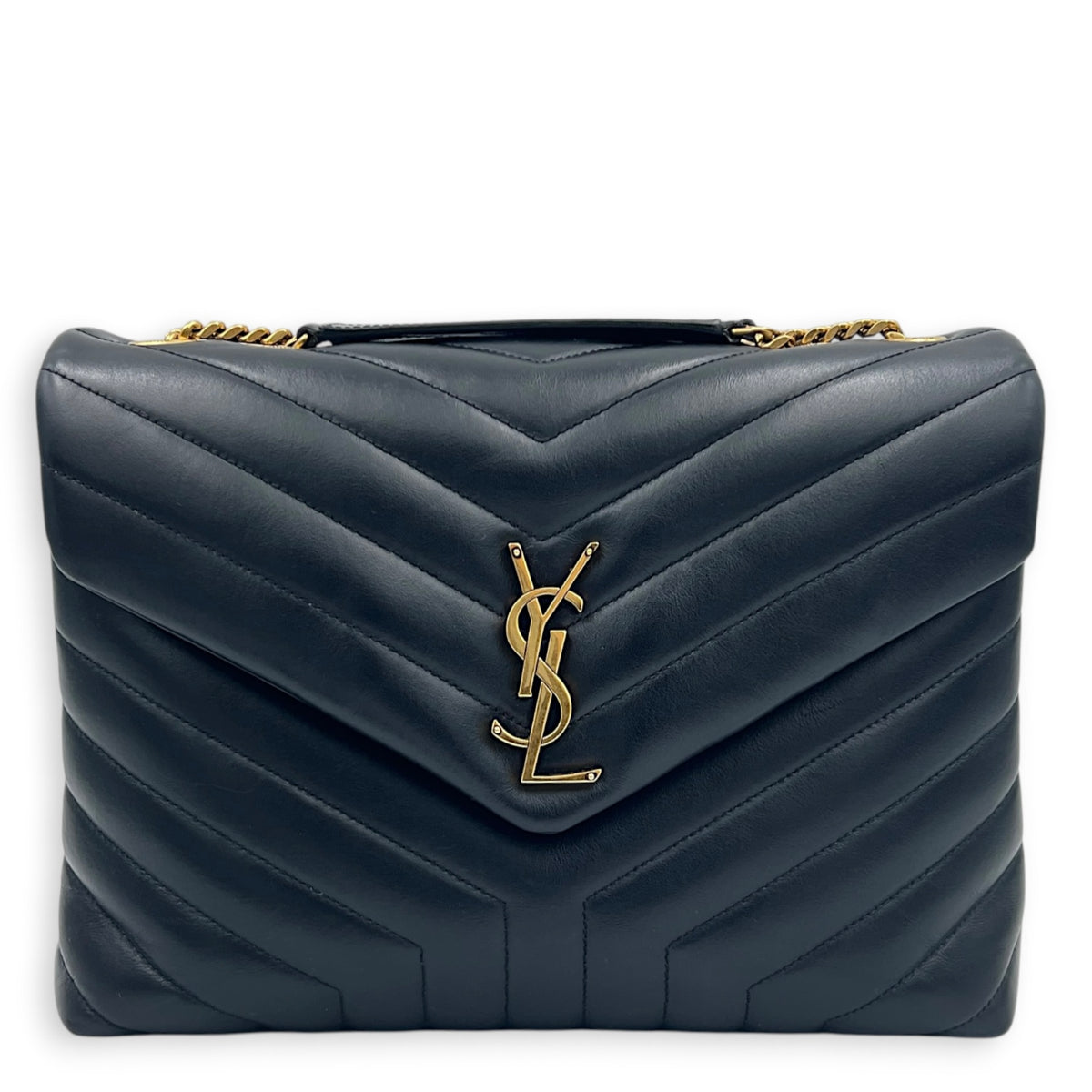 Loulou Medium Black Shoulder Bag in Calfskin, Gold hardware