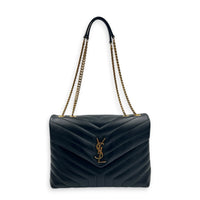 Loulou Medium Black Shoulder Bag in Calfskin, Gold hardware