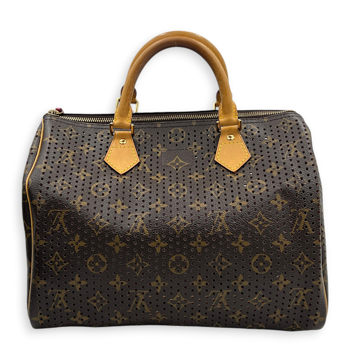 Perforated Speedy 30 Brown Top Handle Bag in Coated Canvas, Gold hardware
