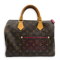 Perforated Speedy 30 Brown Top Handle Bag in Coated Canvas, Gold hardware