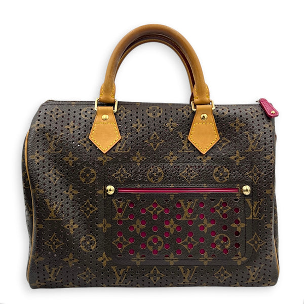 Perforated Speedy 30 Brown Top Handle Bag in Coated Canvas, Gold hardware