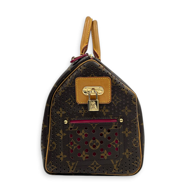 Perforated Speedy 30 Brown Top Handle Bag in Coated Canvas, Gold hardware
