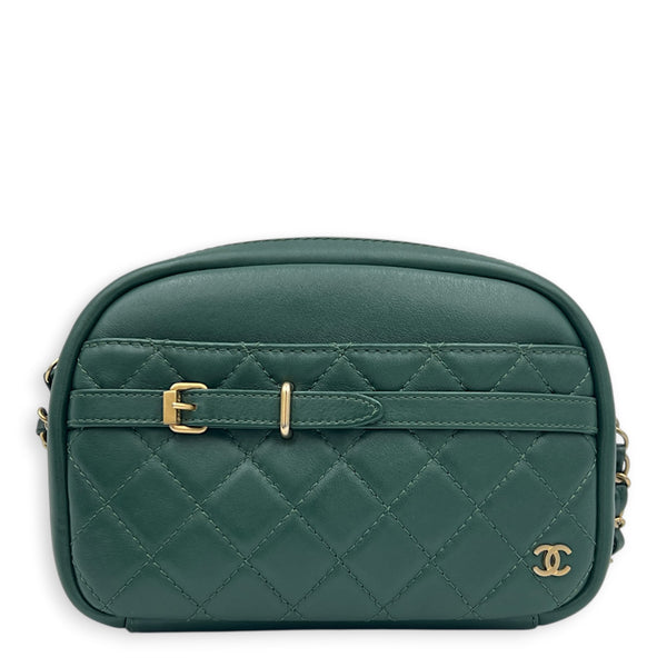 Camera Shoulder Bag Green in Lambskin, Gold hardware