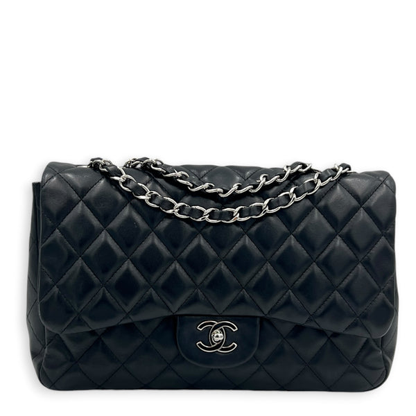 Classic Single Flap Jumbo Black Shoulder Bag in Lambskin, Silver hardware