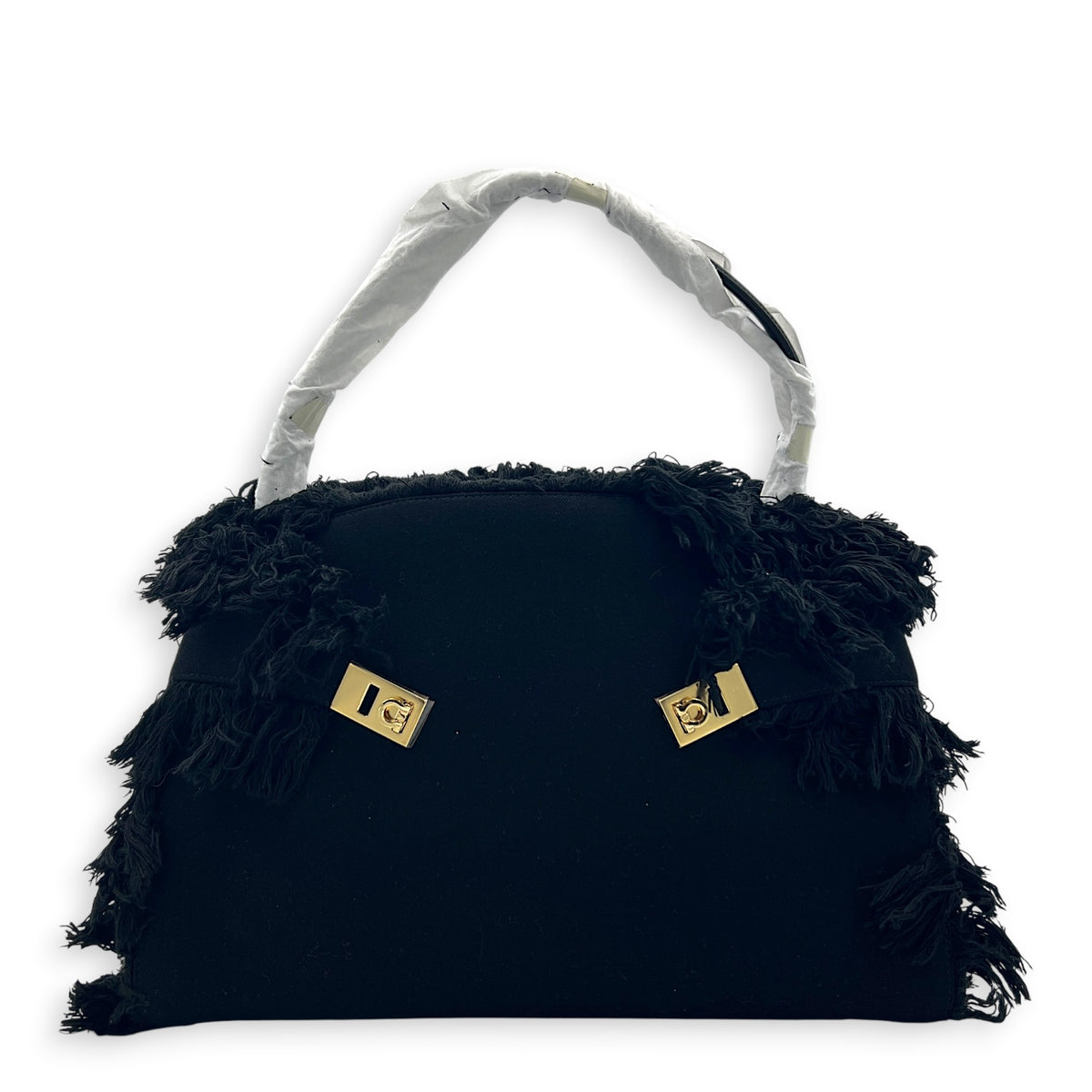 Hug Fringe Medium Black Top Handle Bag in Canvas, Gold hardware