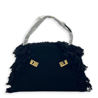 Hug Fringe Medium Black Top Handle Bag in Canvas, Gold hardware