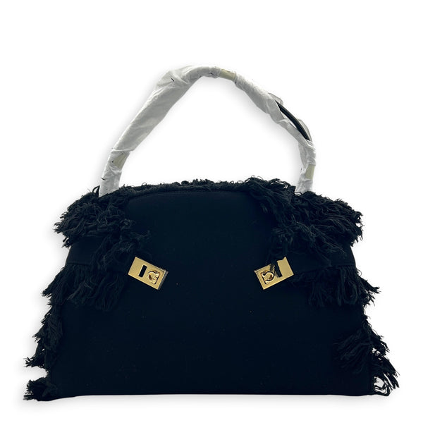 Hug Fringe Medium Black Top Handle Bag in Canvas, Gold hardware