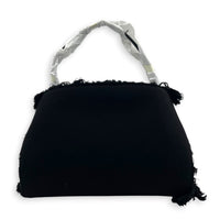 Hug Fringe Medium Black Top Handle Bag in Canvas, Gold hardware
