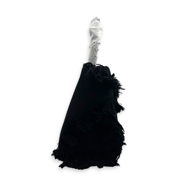 Hug Fringe Medium Black Top Handle Bag in Canvas, Gold hardware