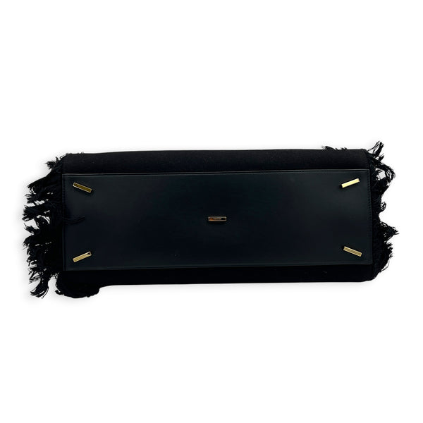 Hug Fringe Medium Black Top Handle Bag in Canvas, Gold hardware