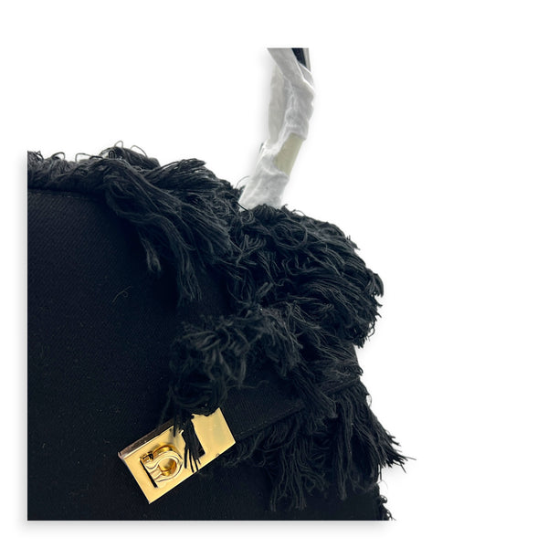 Hug Fringe Medium Black Top Handle Bag in Canvas, Gold hardware