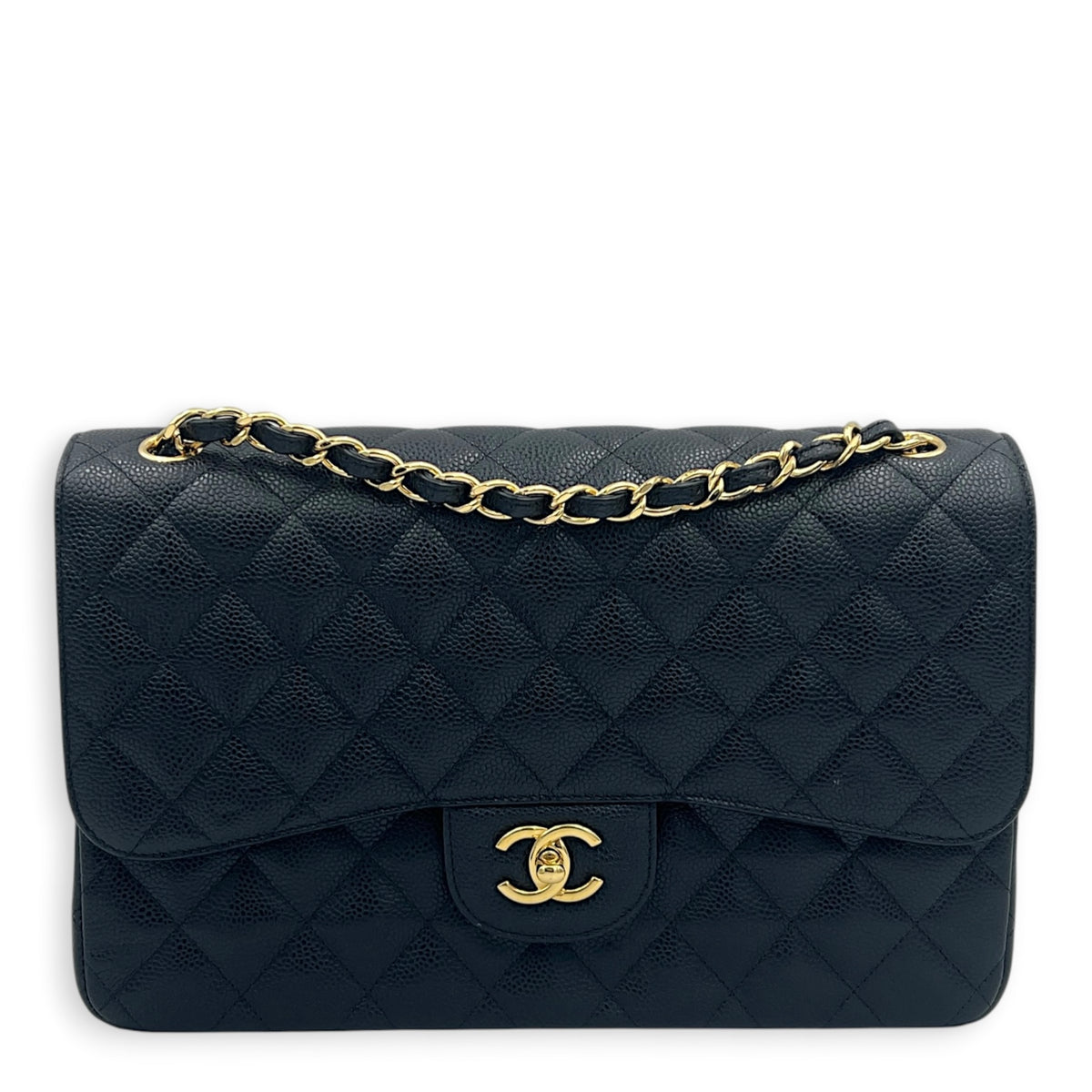 Classic Double Flap Shoulder Bag Jumbo Black in Caviar Leather, Gold hardware