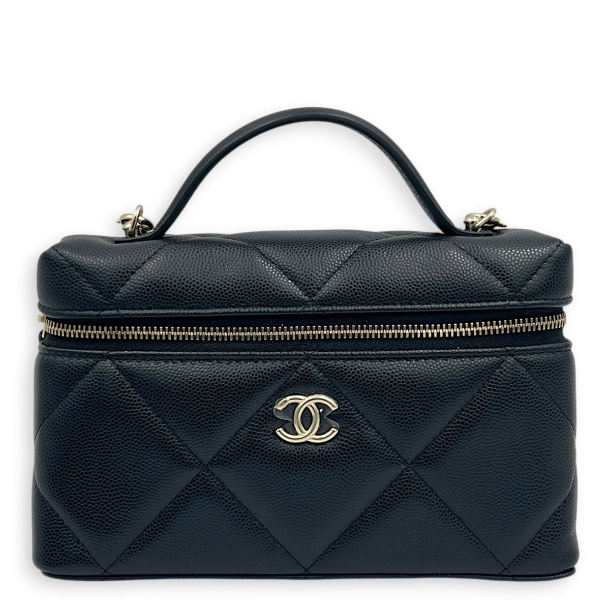 CC Vanity Black Top Handle Bag in Caviar Leather, Light Gold hardware