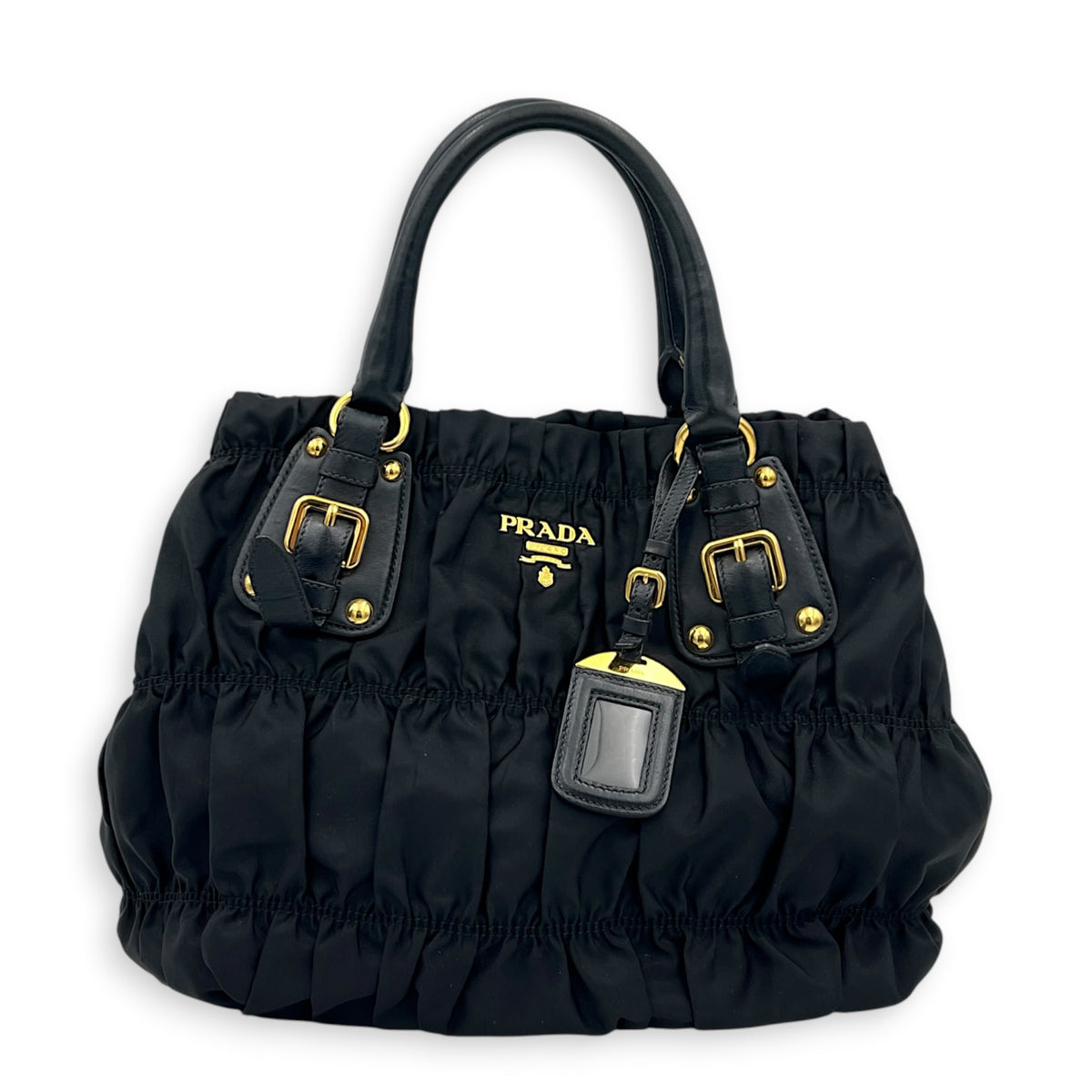Gaufre Black Top Handle Bag in Nylon, Gold hardware