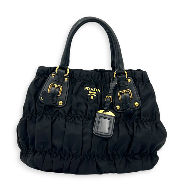 Gaufre Black Top Handle Bag in Nylon, Gold hardware