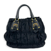Gaufre Black Top Handle Bag in Nylon, Gold hardware