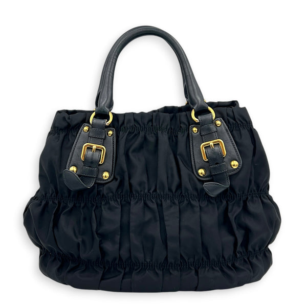 Gaufre Black Top Handle Bag in Nylon, Gold hardware