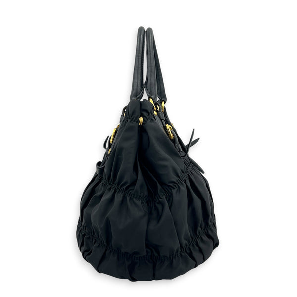 Gaufre Black Top Handle Bag in Nylon, Gold hardware