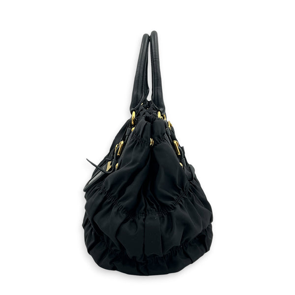 Gaufre Black Top Handle Bag in Nylon, Gold hardware