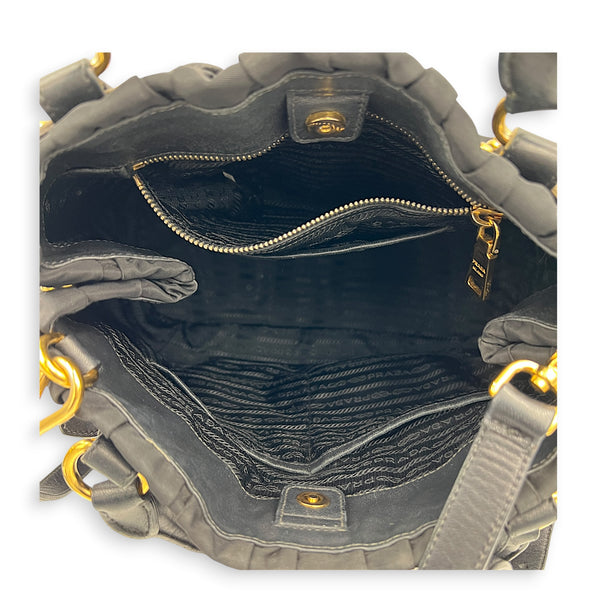 Gaufre Black Top Handle Bag in Nylon, Gold hardware